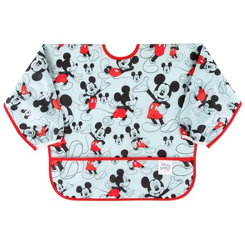 Bumkins Disney Bibs, Baby and Toddler Girls and Boys 6-24 Months, Long Sleeve, Essential Must Have for Eating, Feeding, Mess Saving Lightweight Waterproof Fabric Sleeved Smock, Mickey Mouse Classic