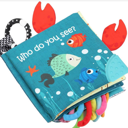 Fish Baby Books Toys, Touch Feel Cloth Crinkle Books for Babies,Baby Infant Toys 0-6, 6-12,12-18 Months,Early Learning Education, Christmas Shower Baby Gifts for Boys Girls,Teething,Mirror,Shark Ocean