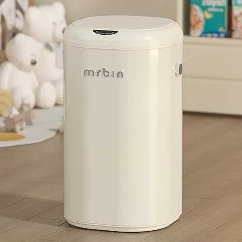 MRBIN Metal Motion Sensor Adsorption Diaper Pail Refills with Lid, 8gal / 30L Covered Touchless Square Baby Adult Trash Can, Pet Litter Garbage Bucket for Nursery Bedside, Bathroom, Toilet, White