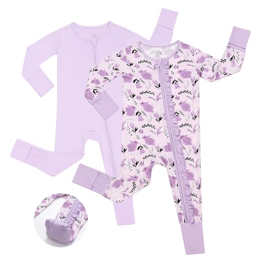 JunNeng Baby Girl Viscose from Bamboo Sleeper with Mitten Cuffs, 2 Way Zipper Romper, Sleep N' Play Pajamas 0-18 Months