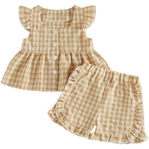 Toddler Girls Spring Outfit Baby Summer Clothes Plaid Ruffle Sleeveless Tank Tops Pants Set toddler summer outfits