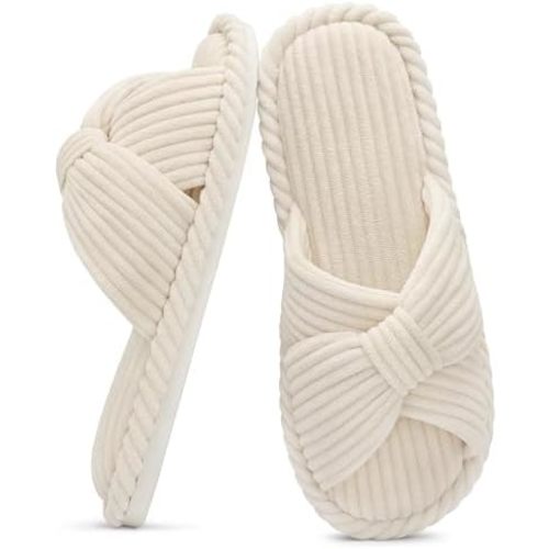 Evshine Fall House Slippers for Women Corduroy Cross Bow Indoor Slippers Open Toe Slip On Bedroom Shoes with Memory Foam