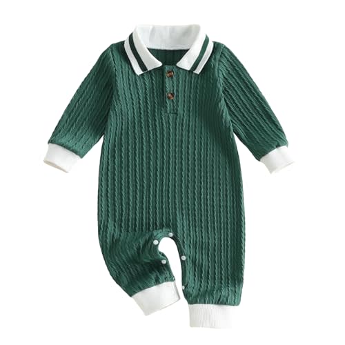 Newborn Baby Boy Clothes Textured Collared Romper Long Sleeve Button-UP One Piece Jumpsuit Solid Color Fall Outfit