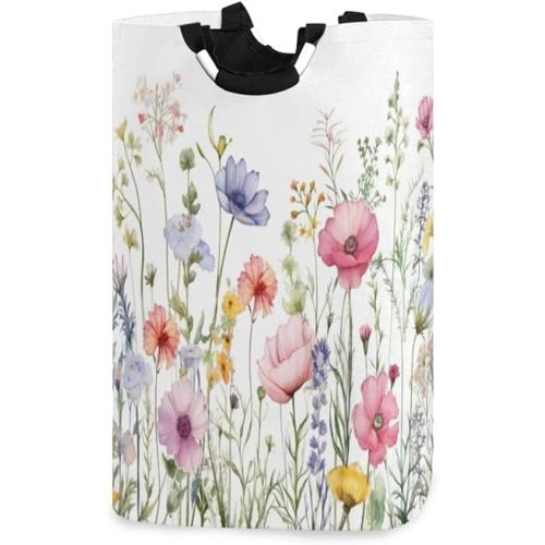 Herbal Wildflowers Laundry Hamper, Water-Resistant Oxford Cloth Storage Baskets with Handle, Foldable Lightweight Durable Store Basket for Home Bathroom Bedroom Dorm Nursery