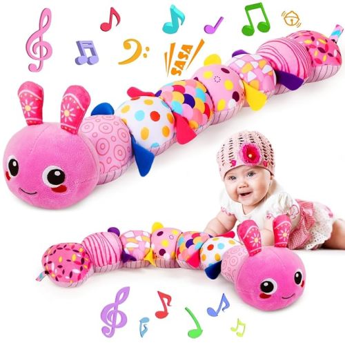 Baby Sensory Caterpillar Toys for 0-6 6-12 Months | Soft Plush Activity Toy with Crinkle, Rattle & Gentle Music, Tummy Time Toy for Infant Newborn, First Baby Girls Gifts