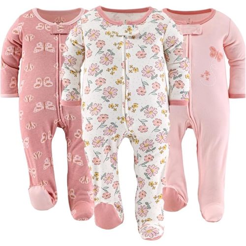 The Peanutshell Baby Sleepers for Girls Set of 3 - Soft Cotton Footed Pajamas for Newborns & Infants - Boho Butterfly