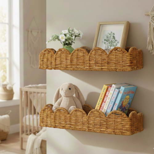 HBK Rattan Nursery Book Shelves Set of 2, Scalloped Wall Mounted Bookshelf for Kids Room, Boho Floating Shelf, 15.7 in