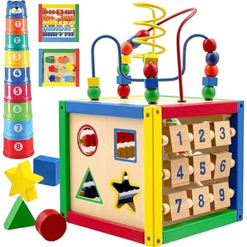 Play22 Wooden Activity Cube for Baby - 6 in-1 Baby Activity Play Cube with Bead Maze, Shape Sorter, Abacus Counting Beads, Counting Numbers, Sliding Shapes, Removable Bead Maze, 8Pcs Stacking Cups