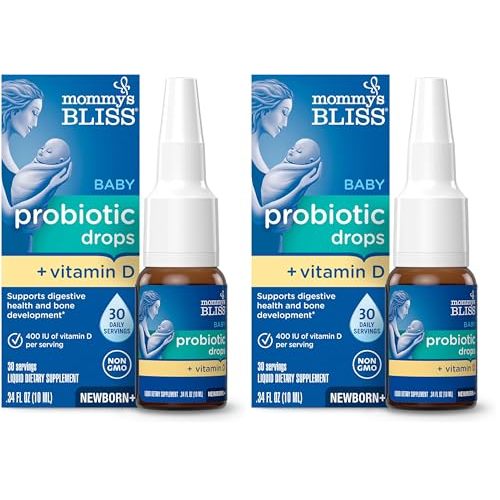 Mommy's Bliss Baby Probiotics + Vitamin D Drops,Supports Digestive Health & Immune Function*,400IU Vitamin D,Supports Bone Development*,Newborns+,Flavorless,0.34 Fl Oz (30 Servings),(Pack of 2)