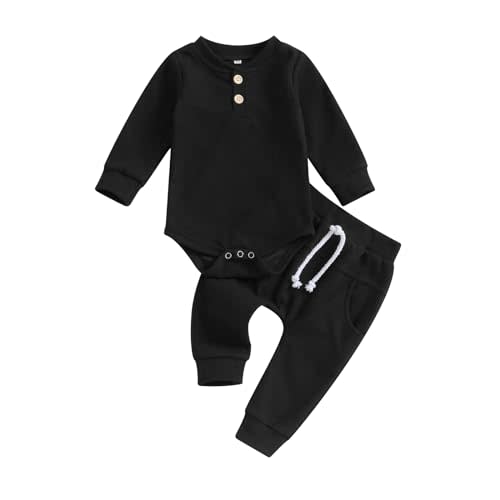 Kuriozud Newborn Baby Boy Clothes Button Long Sleeve Romper Bodysuit Pants Set Infant Soft Waffle Fall Winter Outfit