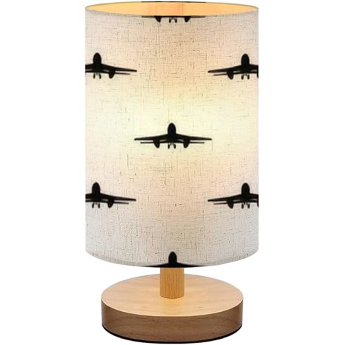 Bedside Lamp for Bedroom, Seamless pattern Airplane silhouette white ornament bed print aviation Small Lamp, Linen Lampshade Table Lamp, Dimmable Nightstand Lamp with Woodbase for Living Room Office