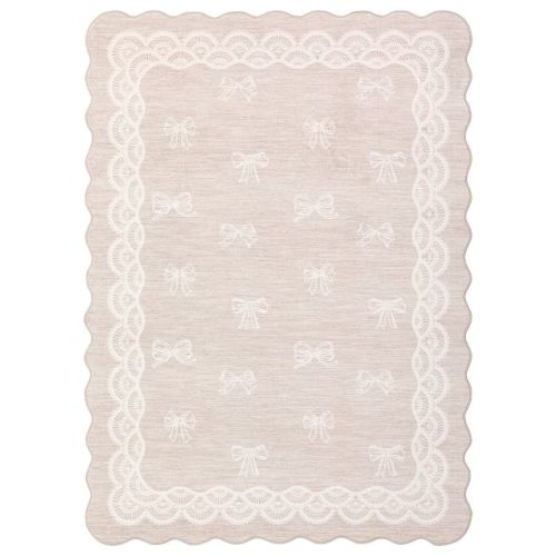 8'x10' Beige Washable Scalloped Living Room Area Rug, Soft Non Slip Bow Print Nursery Rugs Girls Bedroom Rug, Indoor Modern Large Dining Room Carpet