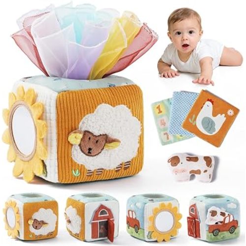 LET'S MAKE Baby Tissue Box Toy, Farm Montessori Sensory Toys 6-12 Months, Play Silks & Crinkle Tissues with 3D Corduroy, Mirror, Squeaky Cow & Travel Clip - Fine Motor Skills Baby Girl Boy Gifts