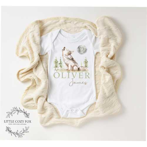 Woodland Baby Shower Gift Custom Wolf Onesie® Personalized Howling Wolf Bodysuit Forest Animal Baby Outfit Rustic Newborn Clothes