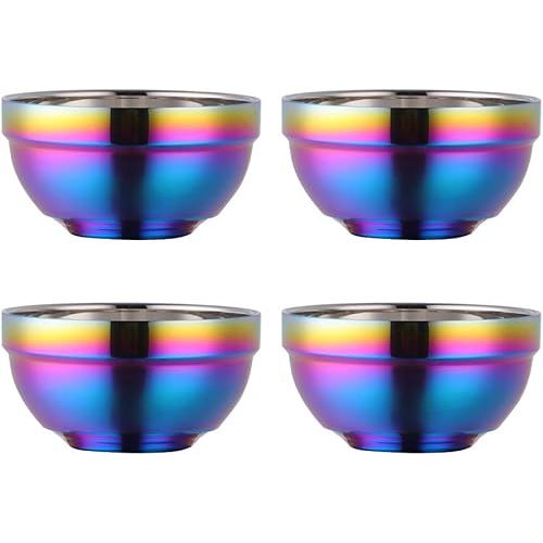 Large Rainbow 304 Stainless Steel Bowl Set of 4, Double-Walled Heat Insulation Anti-Scalding Kitchen Soup Bowls, Drop Resistance Children Bowl Salad Bowl Set for Mixing (5.1 Inches Diameter)