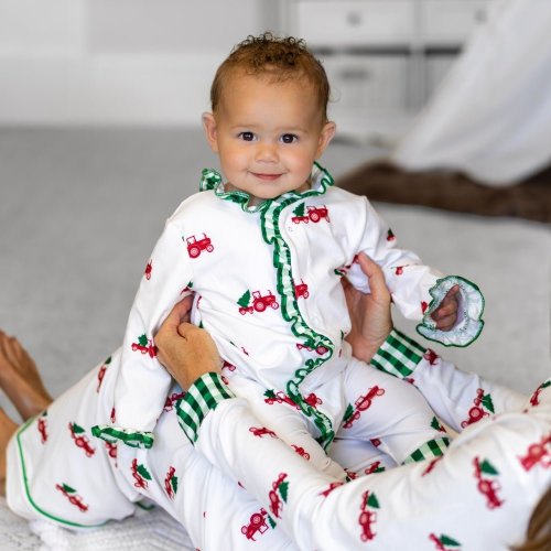 Baby Ruffle Buttflap Pajamas - Christmas Tractor Holiday Lounge – Sugar Bee Clothing