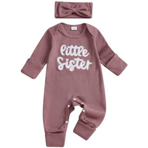 Little Sister Newborn Outfit Baby Girl Going Home Outfit Infant Romper Waffle Footies Knitted Jumpsuit Mitten Clothes