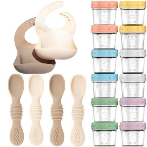 12pc Glass Baby Food Storage Jars, 4 Silicone Baby Spoons & 2 Silicone Bibs, Baby Mealtime Essentials – BPA-Free, Leakproof, and Dishwasher Safe