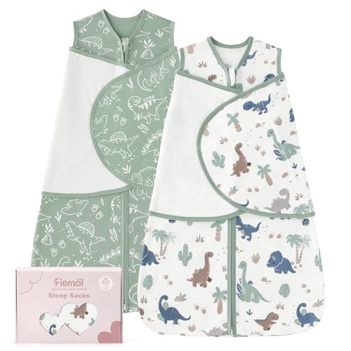 Baby Swaddle Sleep Sack 3-6 Months, Cotton Swaddles for Newborns Boys Girls, 2-Way Zipper Transitional Infant Wearable Swaddling Blanket with Quiet Closure, 0.5 TOG 2 Pack Soft Green Dinosaur