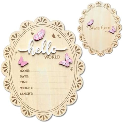 Baby Announcement Sign, Hello World Newborn Sign for Hospital, She’s Here Card, Wooden Newborn Photography Props Double-Sided, Birth Announcement Sign, Gifts baby Shower, Nursery Room Decoration (QR2)