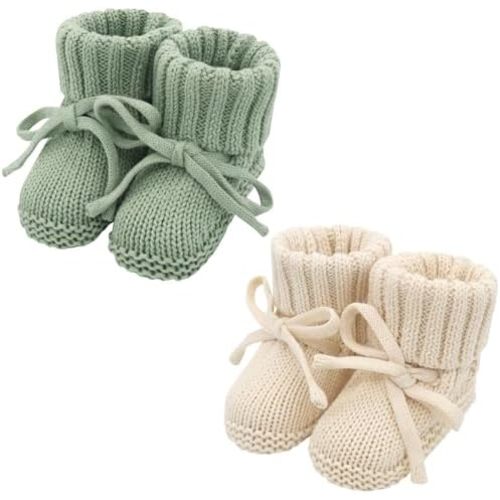 LifeTree Baby Knit Booties-2 Pairs, Cozy Cotton Handmade Crochet Baby Shoes, Newborn Winter Booties 0-6 Months for Boys & Girls, Warm Soft Baby Infant Socks