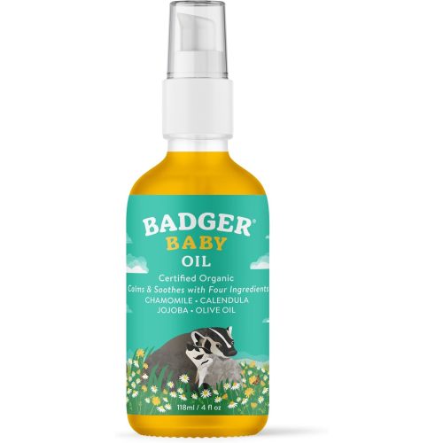 Badger Baby Oil, 100% Organic Ingredients to Soften & Moisturize Dry Skin or Cradle Cap, Soothing Vegan Organic Baby Oil, 4 fl oz Glass Bottle