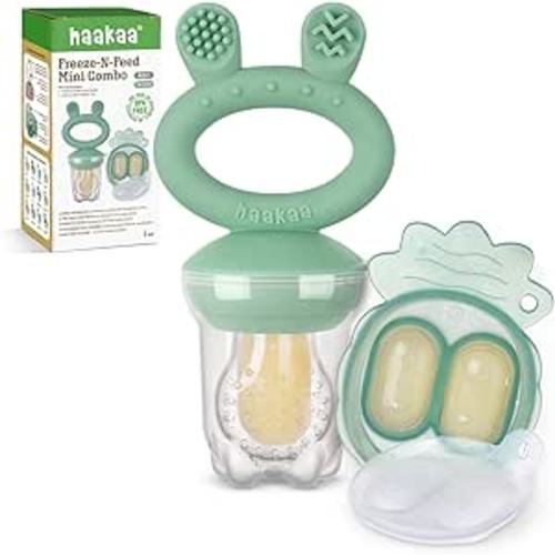 Haakaa Baby Fruit Food Feeder & Mini Freezer Nibble Tray Combo, Breastmilk Popsicle Molds for Baby Cooling Relief, BPA Free Silicone Feeder for Safe Infant Self Feeding, 4 Month+ (Pea Green)