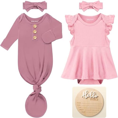 2 Pack Newborn Baby Girl Romper & Knotted Gown Set with Headbands, Announcement Sign, Soft Infant Outfit for Hospital