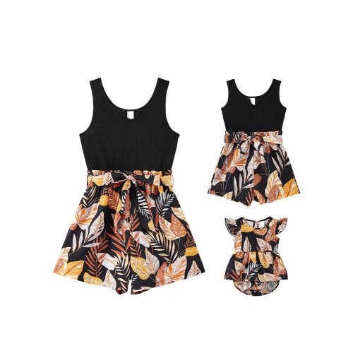 PATPAT Mom and Daughter Matching Jumpsuits - Black Tank Top with Floral Wide-Leg Shorts