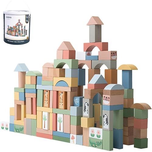 JSONS 120-Piece Wooden Building Blocks for Toddlers 1-3, Wood Blocks for Kids, Stacking & Learning Blocks with Safari Animals, Pastel Wooden Toys with Storage Bucket, 12+ Months