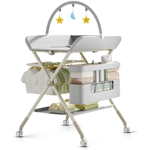 QMHHRJT Foldable Portable Changing Table for Baby,Upgraded Style Baby Portable Diaper Changing Station with Wheels,Nursery Five Level Adjustable Height Changing Table with Organizer Storage(Grey)