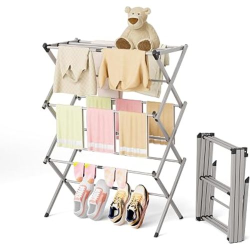 BAKON Space Saving Foldable Clothes Drying Rack, Extendable Rustproof Laundry Rack for Indoor Outdoor Use, No Assembly Required, Suitable for Bathroom Laundry Room Apartment RV, Gray