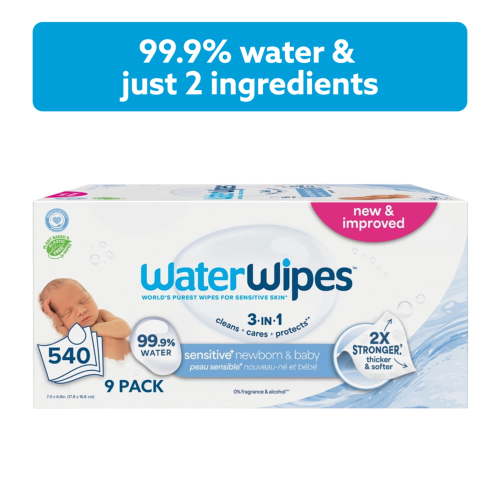 WaterWipes Sensitive Newborn & Baby Wipes, 3-In-1 Cleans, Cares, Protects, 99.9% Water, Unscented & Hypoallergenic, 540 Wipes