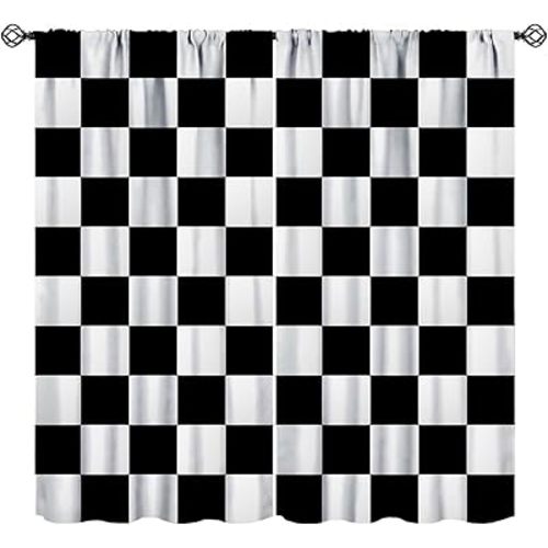 Racing Blackout Curtains for Kids Bedroom Decor Simple Black and White Checkered Flag Pattern Art Printed Window Drapes W26xL84in 2 Panels