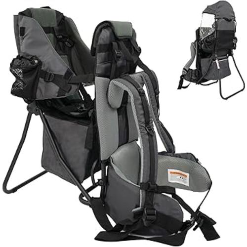 Baby Backpack Carrier for Hiking, Toddler Hiking Backpack with Rain & Sun Hood Adjustable Straps & Waist Belt Ergonomic Child Carrier Foldable Frame Lightweight Large Capacity for Outdoor Travel