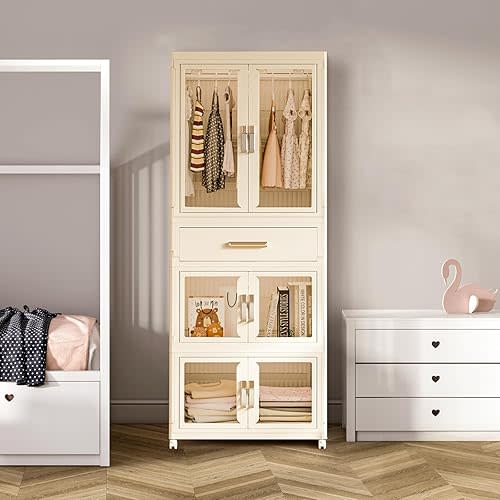 Large Portable Kids Closet Children's Armoire Adults Clothes Wardrobe Closet with Drawers and Doors, Collapsible Baby Costume Storage Organizer Kids Dress Up Storage Cabinet with Hanging