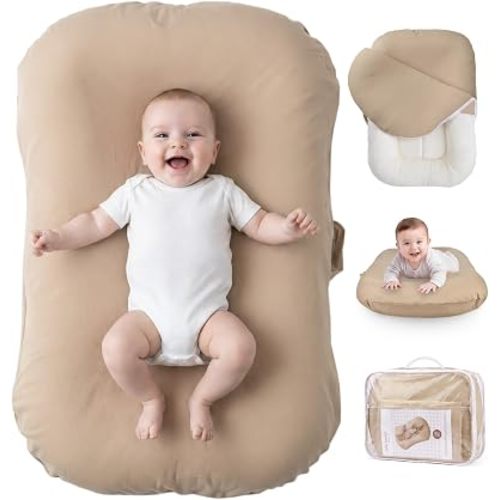 Baby Lounger for Newborn - Infant Lounger 0-24 Months, Soft Breathable Cotton, Perfect for Tummy Time, Portable Baby Nest Pillow for Home & Travel (Light Camel, Cover Included)