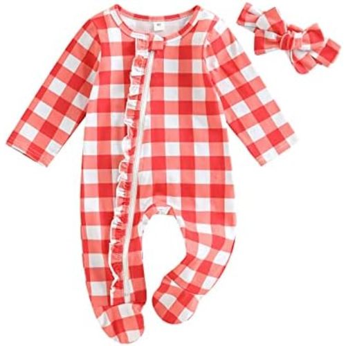 FOMOYUU Infant Baby Girl Cute Clothes Long Sleeve Print Ruffled Zipper One Piece Jumpsuit Newborn Fall Winter Outfits
