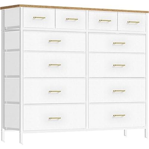 White Dresser for Bedroom with 12 Deep Drawers, Wide Chest of Drawers, 55" TV Stand with Retro Wood Top, Tall Fabric Dresser for Closet, Nursery