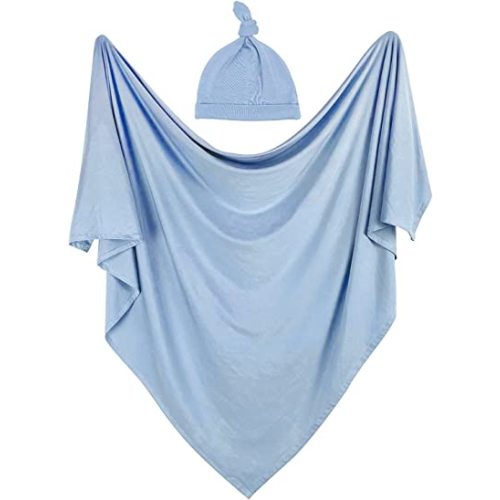 OWLOWLA Swaddle Blanket and Hat Set Newborn Swaddle Wrap Baby Receiving Blanket for Baby Boys Girls(Baby Blue)