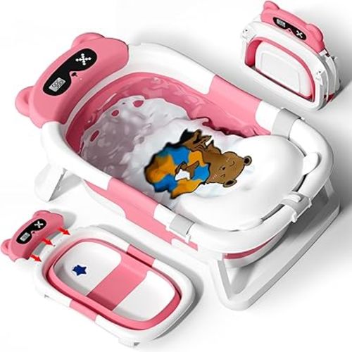 AVIDOR Baby Bathtub,Collapsible Bathtub for Newborn to Toddler,Durable Essential Infant Bath Tub,Portable Travel Baby Tub with Soft Cushion,No-Slip Hanging and Detachable(Rose Pink)