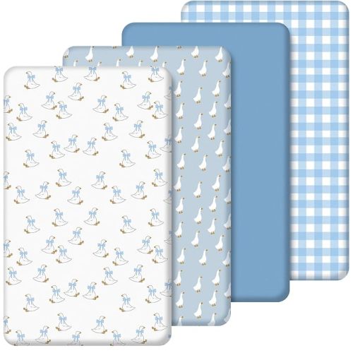 4 Pack Silly Goose Crib Fitted Sheet for Boys Girls - 52" x 28" Fitted Baby Sheet with Gingham Style for Standard Mattress Gift Set, Microfiber & Soft Breathable(Blue)