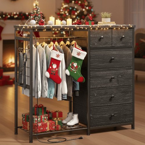 Romorgniz Fabric Dresser for Bedroom with Hanging Rack 6 Drawers Dresser & Chest of Drawers with Charging Station & LED Lights, Black
