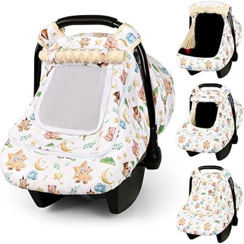 SWESEN Car Seat Cover Baby, Summer Carseat Covers Baby Girl, Easy Access carseat Canopy Snug Fit Baby Stroller, Dual-Layer Protection, Cooling Mesh & Roll-Up Sun Shade, Bear