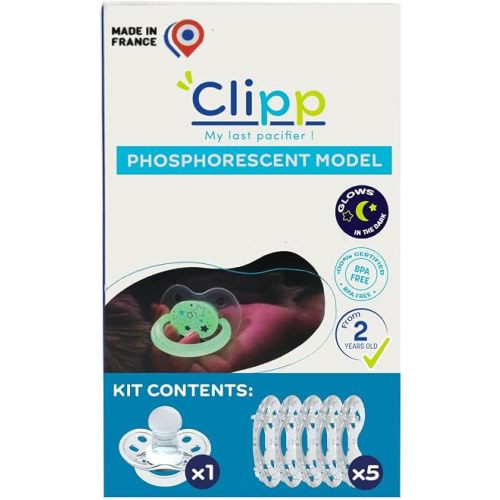 CLIPPBABY Pacifier Weaning Kit ⏐ Gentle Step-By-Step System to Help Toddlers Stop Pacifier Use ⏐Glow-in-the-Dark + 5 Shields, Child-Led & Dentist-Recommended ⏐ Made in France ⏐ Ages 2+