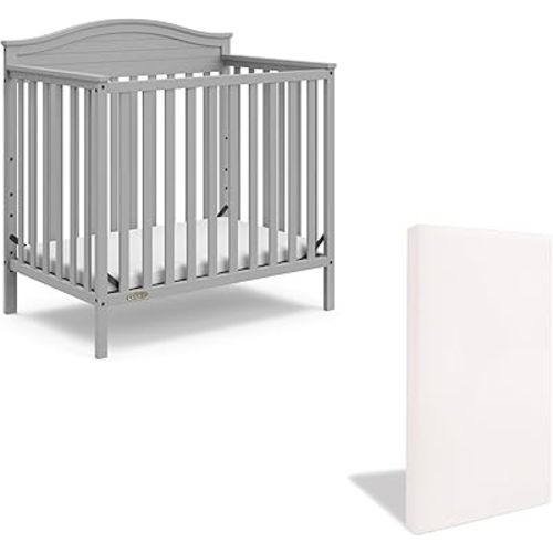 Graco Stella 4-in-1 Convertible Mini Crib with Bonus Mattress (Pebble Gray) – Includes Bonus 2.75 Inch Thick Mattress with Water-Resistant Cover, Converts to Twin Bed, Ideal Crib for Small Spaces