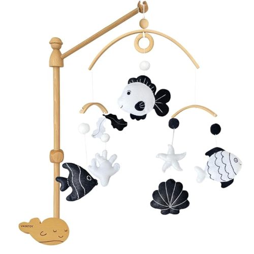 High-Contrast Black & White Fish Montessori Baby Mobile for Crib, Adjustable Wooden Arm Holder, Easy Clip-On Nursery Decor for Visual Stimulation & Gift
