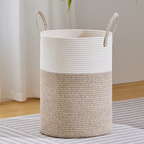 VIPOSCO 53L Tall Woven Laundry Basket Hamper, White Brown | Cotton rope laundry hamper, collapsible wicker basket, storage for blanket, toys, dirty clothes, for bedroom, bathroom