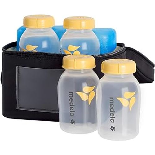 Medela Breast Milk Storage Cooler Bag with Contoured Ice Pack, 4 Bottles and Lids, Convenient Breastmilk Transport