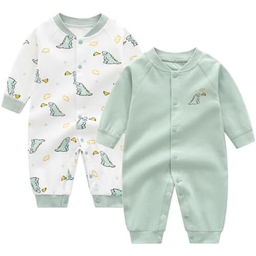 Newborn Baby Boys 2 Pack Cotton Romper Outfits Infant Long Sleeve One-Piece Toddler Button Jumpsuits